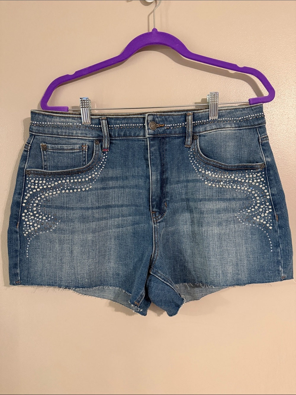 Idyllwind Distressed Blue Denim Shorts with Rhinestone Swirl